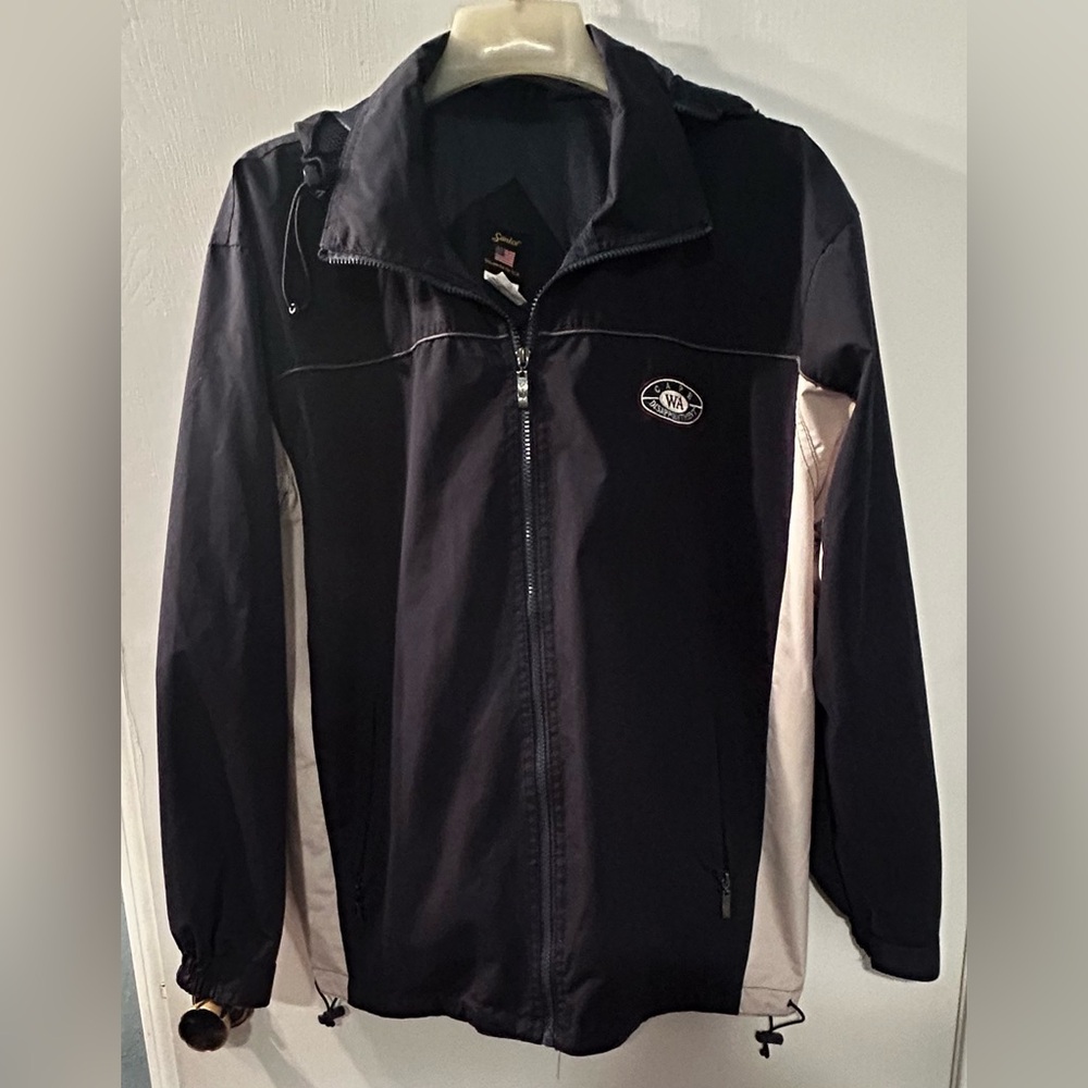 Men's Navy Blue and White Full-Zip Rain Jacket with Cape disappointment, Wa logo